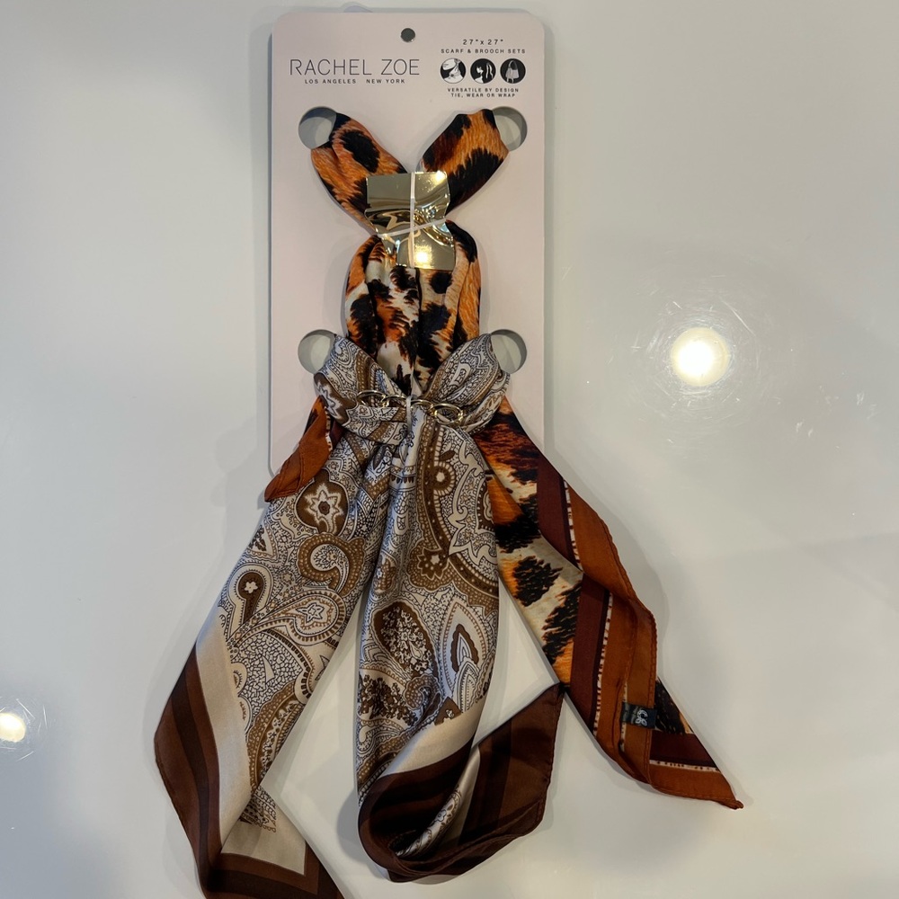New! RACHEL ZOE Multi-Pattern Silk Scarf Tie - Brown & Cream
